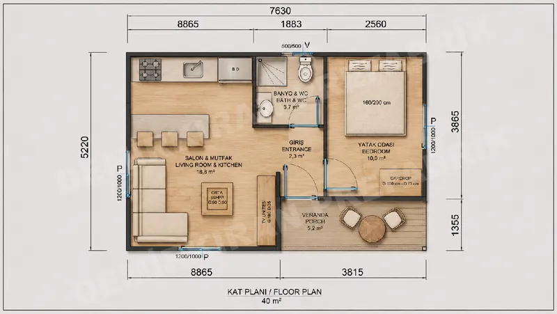 1+1 40 m² Tek Katlı Prefabrik Konut görsel 10