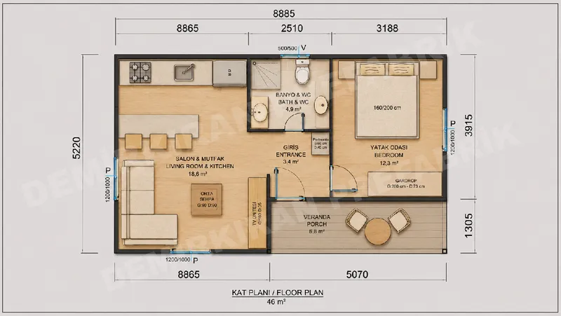 1+1 46 m² Tek Katlı Prefabrik Konut görsel 9