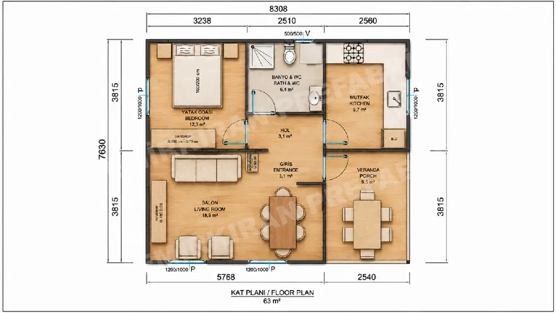 1+1 63 m² Tek Katlı Prefabrik Konut görsel 9