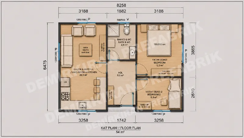 2+1 54 m² Tek Katlı Prefabrik Konut görsel 9