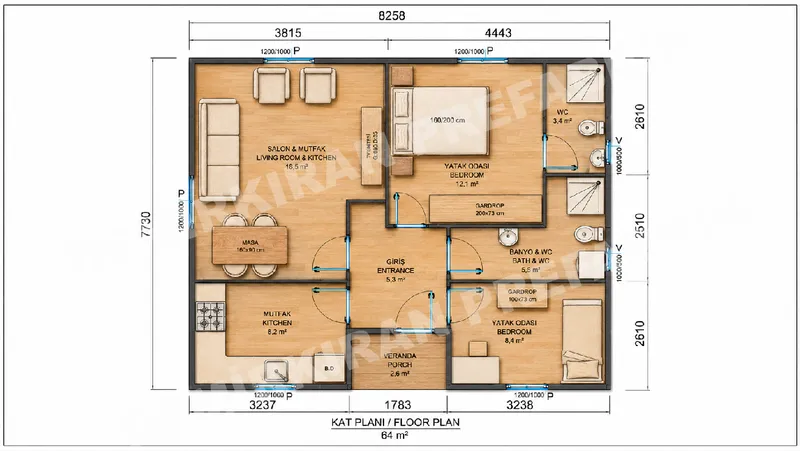 2+1 64 m² Tek Katlı Prefabrik Konut görsel 10
