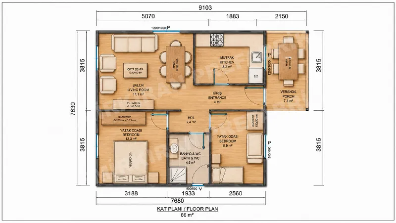 2+1 66 m² Tek Katlı Prefabrik Konut görsel 9